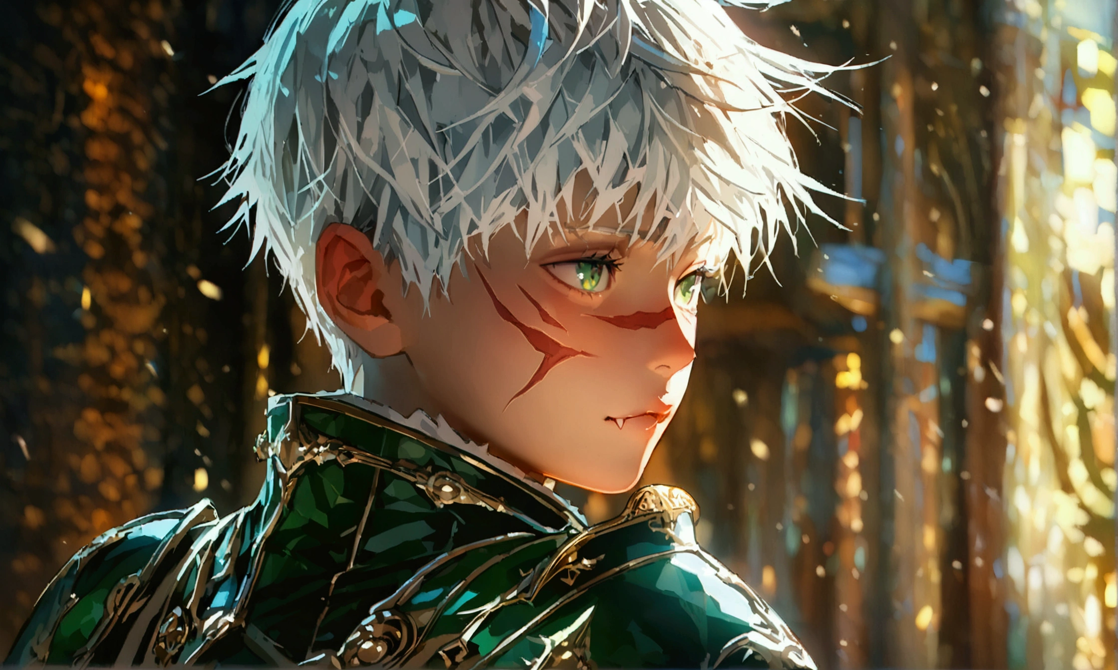 small boy, fairy appearance, white bob hair, dark green eyes, wears medieval armor, fang scar on right eye, pointed nose, round eyes, ((Intricate anime character design inspired by Jujutsu Kaisen)), ((Stunning lighting)), ((Fine lines)), ((Stunning focus)), ((Stunning face)), ((Detailed focus)), ((Detailed background)), ((Ultra-fine 2D design)), ((Creative scenery)), ((2D masterpiece)), ((Best quality), ((8K)), ((Anime style))