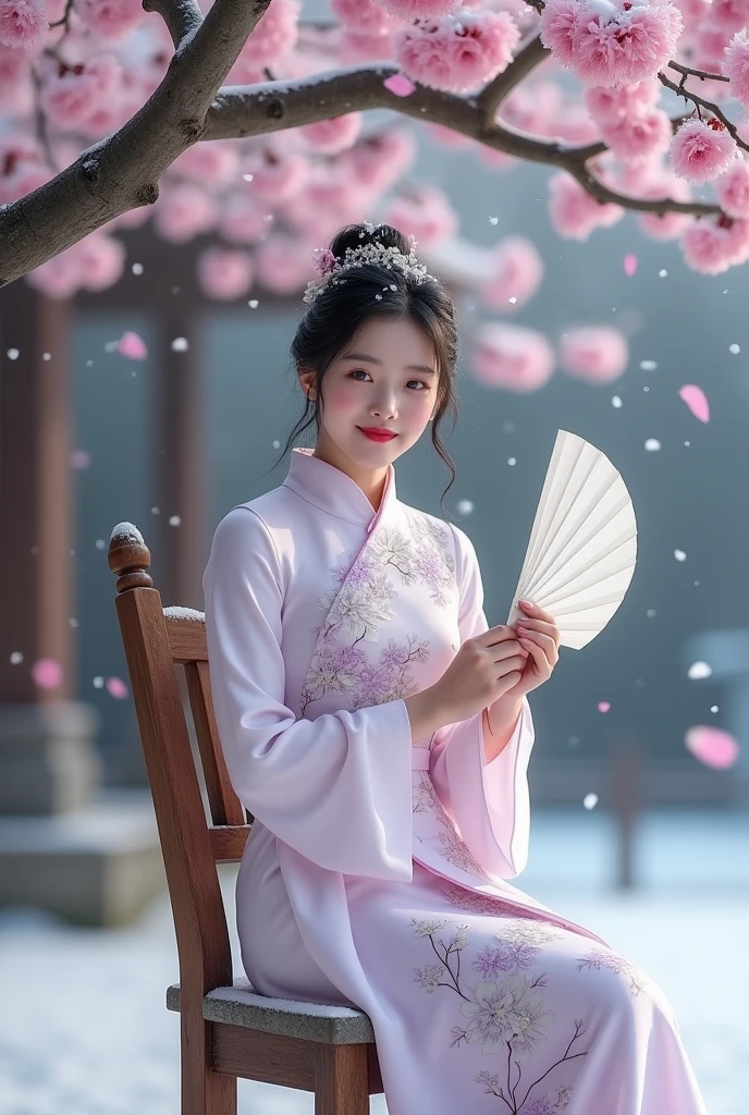 A pale skinned korean girl, full body, slender, , black hair (bun), thin red lips, mole under left brow, a traditional Korean outfit (cheongsam) white and lavender flowers, holding a white fan leisurely and sitting on a wooden chair, small chest, standing under a cherry blossom tree while it's snowing mysteriously, CLEAR IMAGE