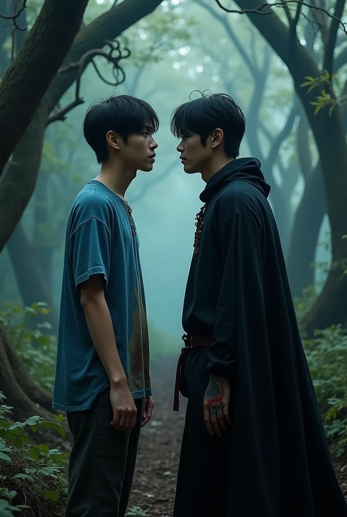 Jeon Jungkook and Kim Taehyung are in a forest. They are facing each other. There is a distance between them. Jungkook's eyes are full of tears. Jungkook is wearing a blue t-shirt and it is dirty. Taehyung is wearing black clothes. Taehyung has a black cloak on. Taehyung is covered in blood. Taehyung is reaching out his hand towards Jungkook.