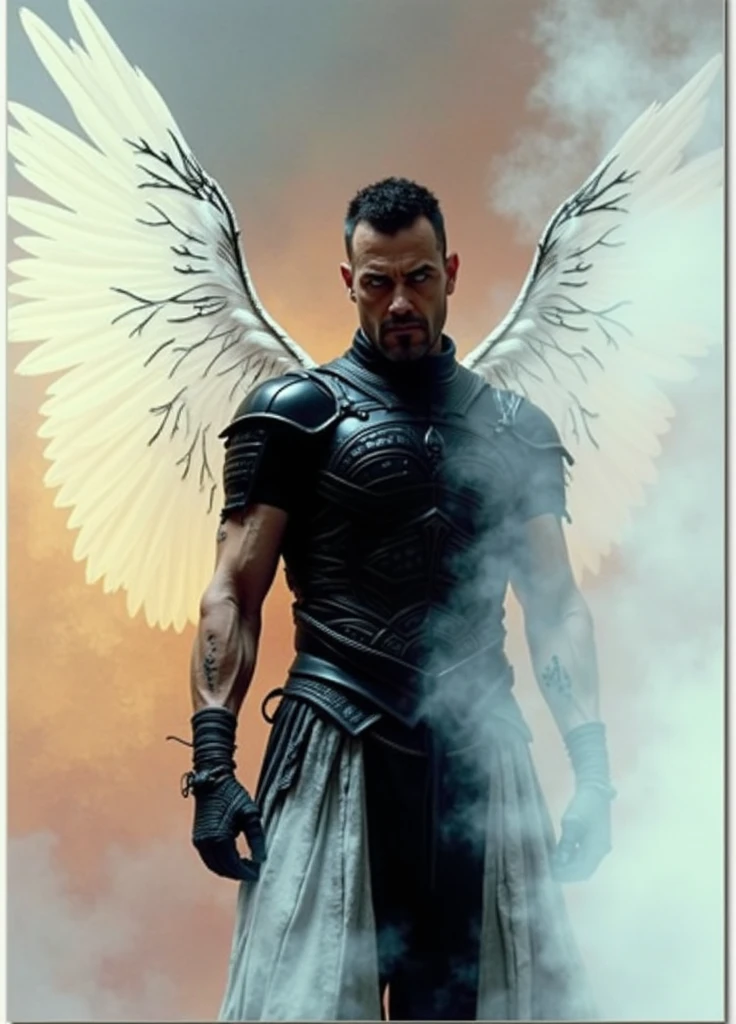 a muscular man in black armor with bandages, facing the viewer, with manly features, scars and wounds, smooth skin, sharp focus, illustration, guts (berserk), dark angel wings, cinematic lighting, dramatic pose, hyper detailed, oil painting, photorealistic, chiaroscuro, muted colors, moody atmosphere