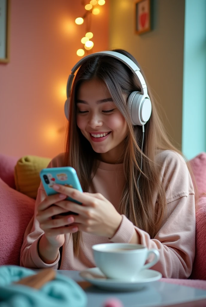 with headphones playing with cell phone with straight hair
