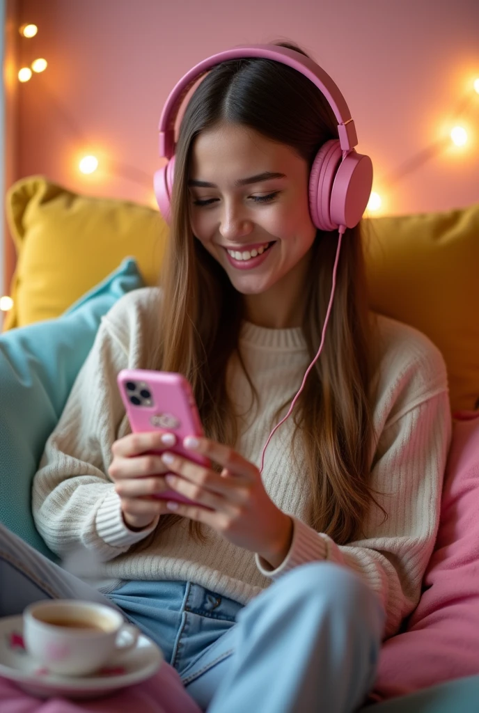  with headphones playing with cell phone with straight hair