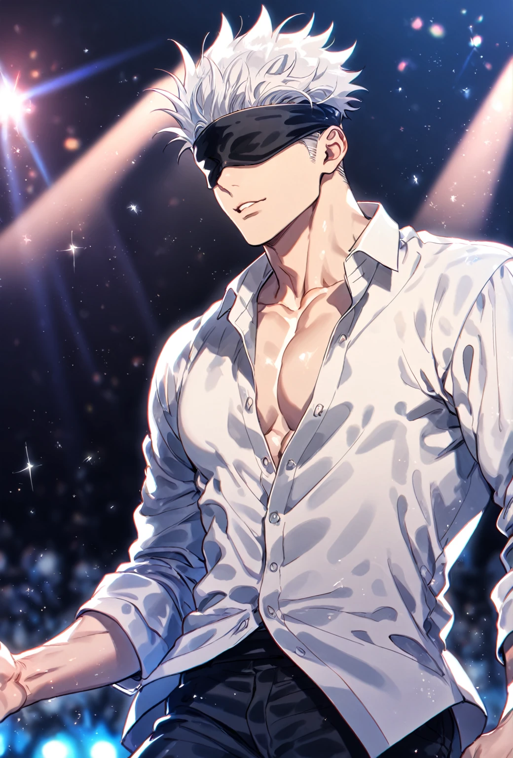 Ultra detailed, HDR, Highres, absurdres, masterpiece, best quality, solo focus, Gojou Satoru, white hair, black blindfold, covered eyes, white large shirt, black pants, Jujutsu Kaisen, sexy man, handsome, stage, concert, handsome, sensual, glittering, solo, manly man