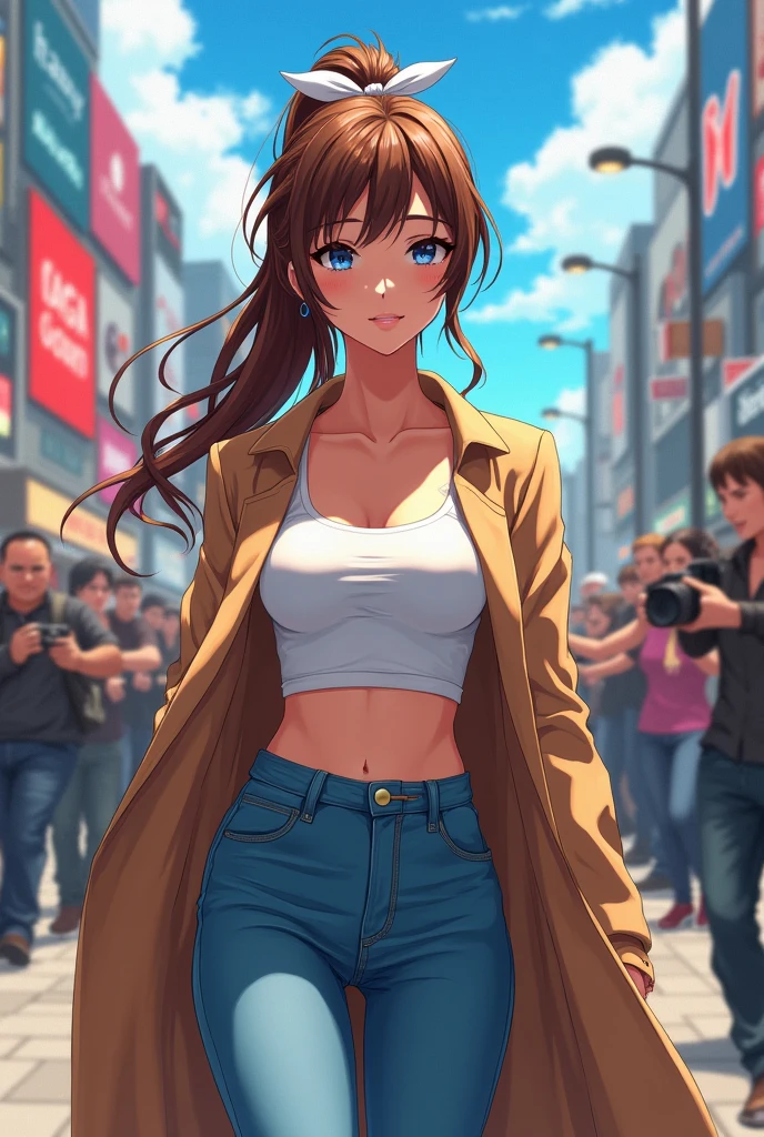 Make an anime syle drawing of an America white woman with long brown hair and fairly large breasts. She is very pretty and she is young and about 18 years old. She is wearing a small tight cropped tank top and high rise jeans on with a long tan trench coat and a white purse. She is surrounded by paparazzi and body guards. Her hair is in a pony tail and she has a white bow in