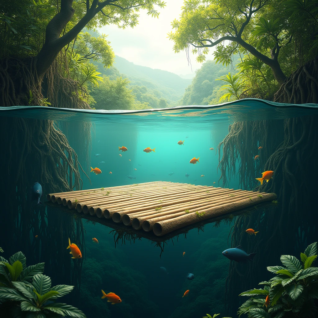 (photorealism:1.2)Une photo d'une plateforme carrée en bambou qui flotte sur le lac Atitlan. La moitié de la photo est sous l'eau et on voit des poissons qui nagent au milieu de racine Des plantes qui sont sur la plateforme. La plateforme fait 6x6 m et est recouverte de plantes luxuriante.