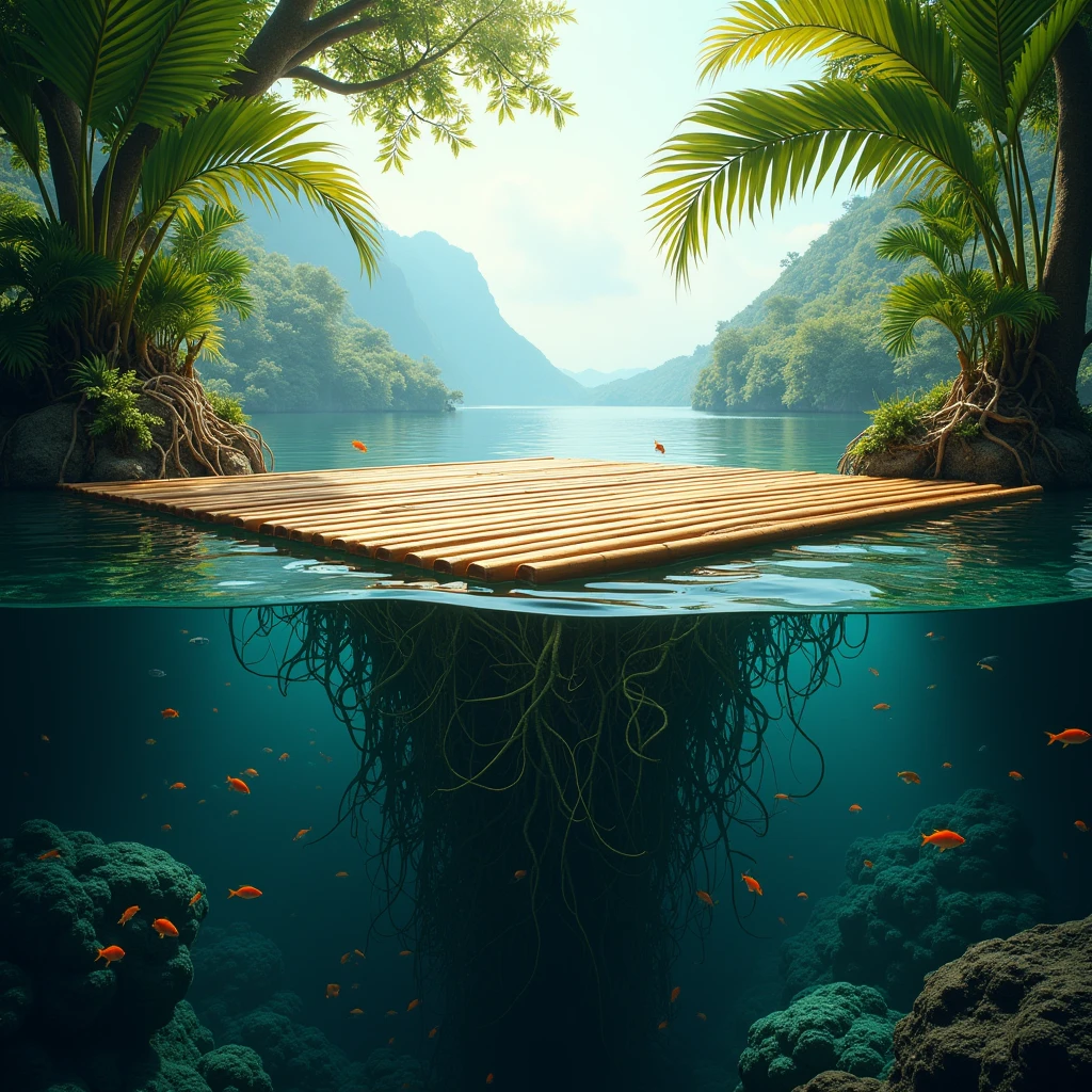 (photorealism:1.2)Une photo d'une plateforme carrée en bambou qui flotte sur le lac Atitlan. La moitié de la photo est sous l'eau et on voit des poissons qui nagent au milieu de racine Des plantes qui sont sur la plateforme. La plateforme fait 6x6 m et est recouverte de plantes luxuriante.
