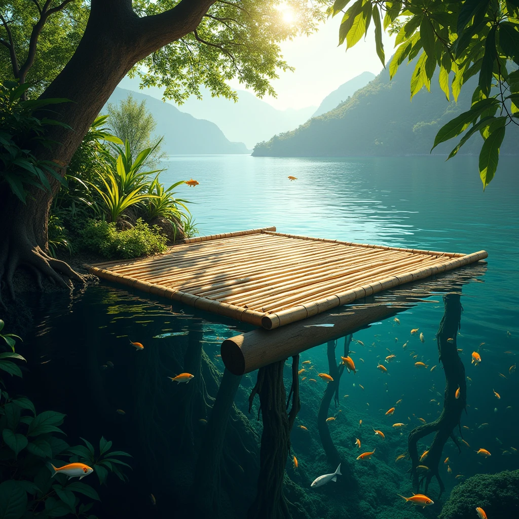 (photorealism:1.2)Une photo d'une plateforme carrée en bambou qui flotte sur le lac Atitlan. La moitié de la photo est sous l'eau et on voit des poissons qui nagent au milieu de racine Des plantes qui sont sur la plateforme. La plateforme fait 6x6 m et est recouverte de plantes luxuriante.