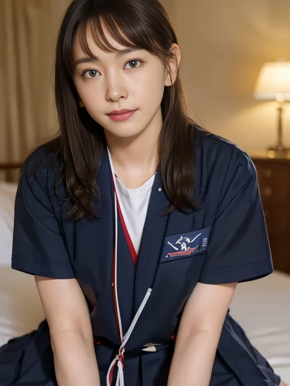 (Masterpiece, Best quality:1.4), (Ultra realistic, Photo-realistic:1.2), Natural light, 25 years old actress, Japanese women, Neat and clean, (school uniform, sailor suit, short sleeve suit, traditional Japanese style with white and navy blue colors, detailed red ribbon and navy blue pleated skirt:1.2), (Ponytail:1.2), Short wavy hair, Light brown hair color, (Beautiful Faces), Oval face, clear, (Beautiful eyes, Kind eyes), (Clear skin), Small face, (Small mouth), (Beautiful mouth), Natural makeup, Approachable, Luxury hotel Suite room, On bed, Seductive smile, (Seductive pose:1.2), (Beautiful thighs:1.1), (Bedroom eyes), (nsfw:1.3), (lesbian couple:1.1), (petting together:1.2), obscene reality of girls, (crotch rub:1.1),