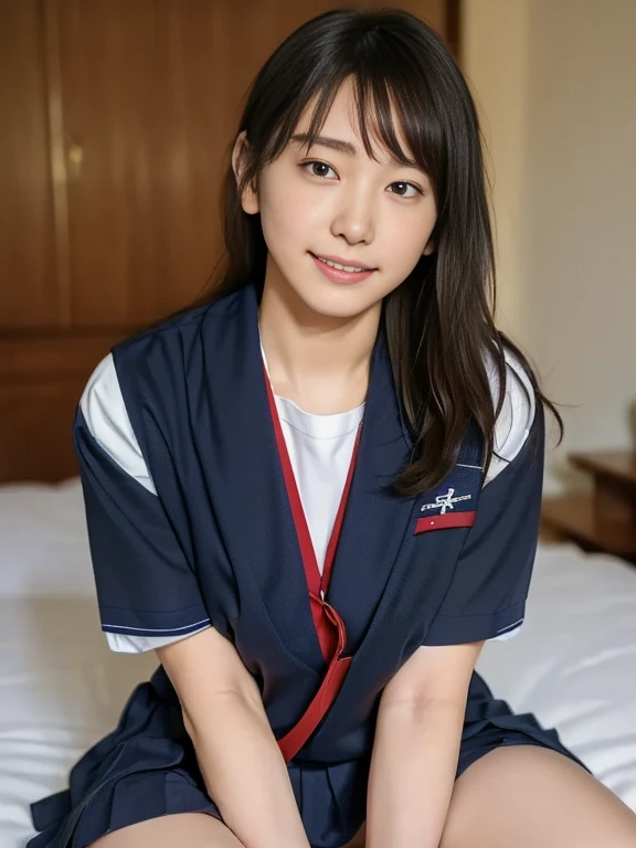 (Masterpiece, Best quality:1.4), (Ultra realistic, Photo-realistic:1.2), Natural light, 25 years old actress, Japanese women, Neat and clean, (school uniform, sailor suit, short sleeve suit, traditional Japanese style with white and navy blue colors, detailed red ribbon and navy blue pleated skirt:1.2), (Ponytail:1.2), Short wavy hair, Light brown hair color, (Beautiful Faces), Oval face, clear, (Beautiful eyes, Kind eyes), (Clear skin), Small face, (Small mouth), (Beautiful mouth), Natural makeup, Approachable, Luxury hotel Suite room, On bed, Seductive smile, (Seductive pose:1.2), (Beautiful thighs:1.1), (Bedroom eyes), (nsfw:1.3), (lesbian couple:1.1), (petting together:1.2), obscene reality of girls, (crotch rub:1.1),
