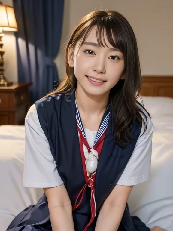 (Masterpiece, Best quality:1.4), (Ultra realistic, Photo-realistic:1.2), Natural light, 25 years old actress, Japanese women, Neat and clean, (school uniform, sailor suit, short sleeve suit, traditional Japanese style with white and navy blue colors, detailed red ribbon and navy blue pleated skirt:1.2), (Ponytail:1.2), Short wavy hair, Light brown hair color, (Beautiful Faces), Oval face, clear, (Beautiful eyes, Kind eyes), (Clear skin), Small face, (Small mouth), (Beautiful mouth), Natural makeup, Approachable, Luxury hotel Suite room, On bed, Seductive smile, (Seductive pose:1.2), (Beautiful thighs:1.1), (Bedroom eyes), (nsfw:1.3), (lesbian couple:1.1), (petting together:1.2), obscene reality of girls, (crotch rub:1.1),