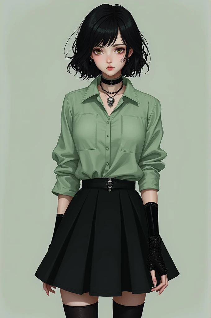 The girl had black hair, short, Wavy; slanted brown eyes; white; stomach 1,75; slightly big breasts; she wore a pastel green shirt, loose hair, black skirt, black but slightly transparent and long stockings, gothic boots, long black fingerless gloves and a skull necklace; 15 years