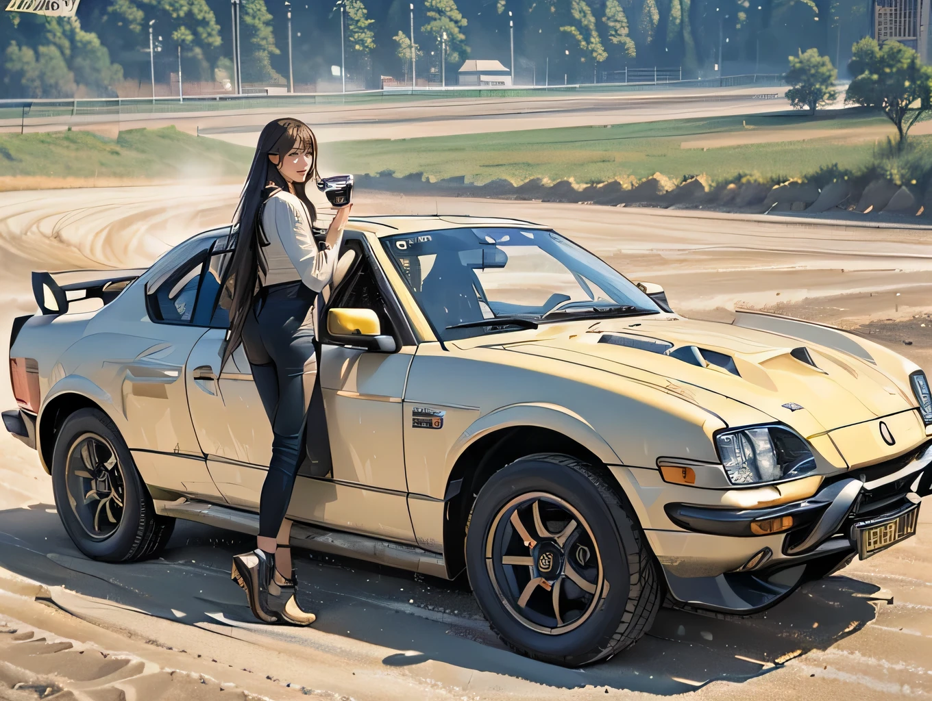 (((1 screen,From directly behind,Dynamic Angle))), (((A woman with long hair is taking pictures of the four-wheel drive car race:1.8))), break (((Holding a Nikon SLR camera:1.8))), break (8 heads,Slim figure),(Beautiful back),(Beautiful toned waist),(Beautiful big ass), break ((Sprint,Wind:1.3)), ((Fluttering Hair:1.8)), ((Many four-wheel drive cars kicking up sand,Sand Dust:1.6)), break ((Expressing the speed of a four-wheel drive car:1.4)), BREAK (Highest quality,4K,8k,High resolution,masterpiece:1.2),Very detailed,(Realistic,photoRealistic,photo-Realistic:1.37), (Perfect Anatomy), (Perfect finger to thumb ratio), break