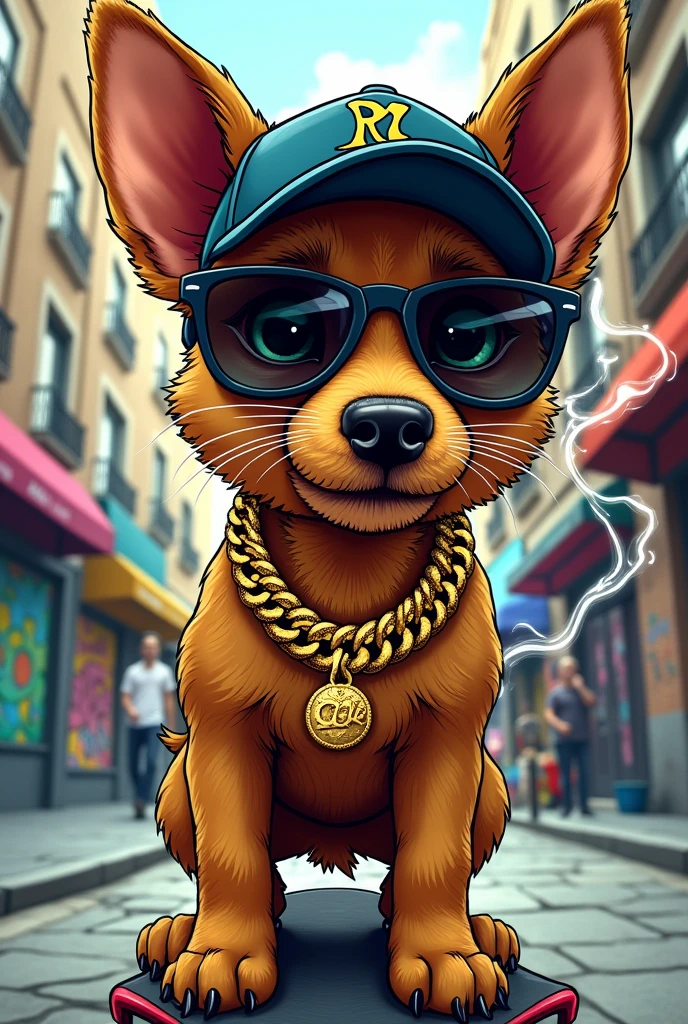 ((drawing)), ((comic art)) cool, a dogg with a cap on the head, golden chains and black sunglasses. He’s on a scateboard and he is smoking 