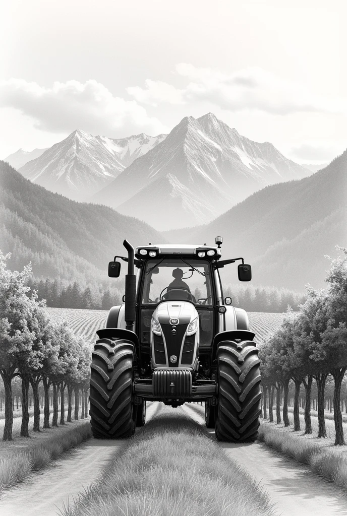 A pencil drawing of a modern tractor entering a vineyard from a distance, with mountains in the background and the sun rising between them.
