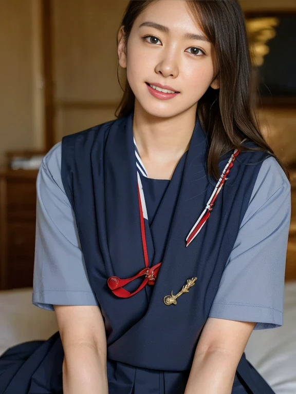 (Masterpiece, Best quality:1.4), (Ultra realistic, Photo-realistic:1.2), Natural light, 25 years old actress, Japanese women, Neat and clean, (school uniform, sailor suit, short sleeve suit, traditional Japanese style with white and navy blue colors, detailed red ribbon and navy blue pleated skirt:1.2), (Ponytail:1.2), Short wavy hair, Light brown hair color, (Beautiful Faces), Oval face, clear, (Beautiful eyes, Kind eyes), (Clear skin), Small face, (Small mouth), (Beautiful mouth), Natural makeup, Approachable, Luxury hotel Suite room, On bed, Seductive smile, (Seductive pose:1.2), (Beautiful thighs:1.1), (Bedroom eyes), (nsfw:1.1), (lesbian couple:1.1), (petting together:1.2), obscene reality of girls, (crotch rub:1.1),