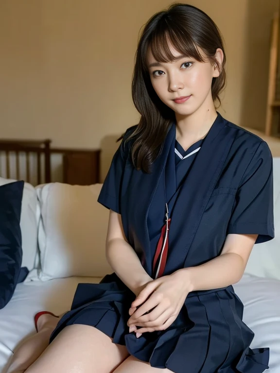 (Masterpiece, Best quality:1.4), (Ultra realistic, Photo-realistic:1.2), Natural light, 25 years old actress, Japanese women, Neat and clean, (school uniform, sailor suit, short sleeve suit, traditional Japanese style with white and navy blue colors, detailed red ribbon and navy blue pleated skirt:1.2), (Ponytail:1.2), Short wavy hair, Light brown hair color, (Beautiful Faces), Oval face, clear, (Beautiful eyes, Kind eyes), (Clear skin), Small face, (Small mouth), (Beautiful mouth), Natural makeup, Approachable, Luxury hotel Suite room, On bed, Seductive smile, (Seductive pose:1.2), (Beautiful thighs:1.1), (Bedroom eyes), (nsfw:1.1), (lesbian couple:1.1), (petting together:1.2), obscene reality of girls, (crotch rub:1.1),