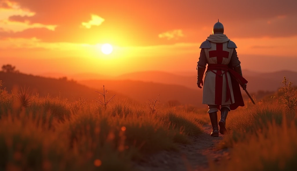 A highly realistic, high-contrast, 8K HD, detailed, hyper-detailed image of the protagonist, dressed as a Crusader knight, walking towards the viewer across a vast grassland illuminated by the warm glow of a fiery sunset. The protagonist is wearing a Crusader's armor with the red cross emblem clearly visible on his tunic and chest plate. The helmet is removed, revealing his determined and strong face. The sky is ablaze with hues of orange and red, casting a dramatic light over the scene. The atmosphere is calm yet powerful, capturing the quiet resolve of the protagonist as he strides forward, his armor reflecting the soft, golden light of the setting sun. The image is of the highest quality, with ultra-high resolution, RAW photo quality, and Unreal Engine rendering, showcasing the protagonist as he moves with purpose across the sunset-lit grassland, with the Crusader cross prominently displayed on his armor.