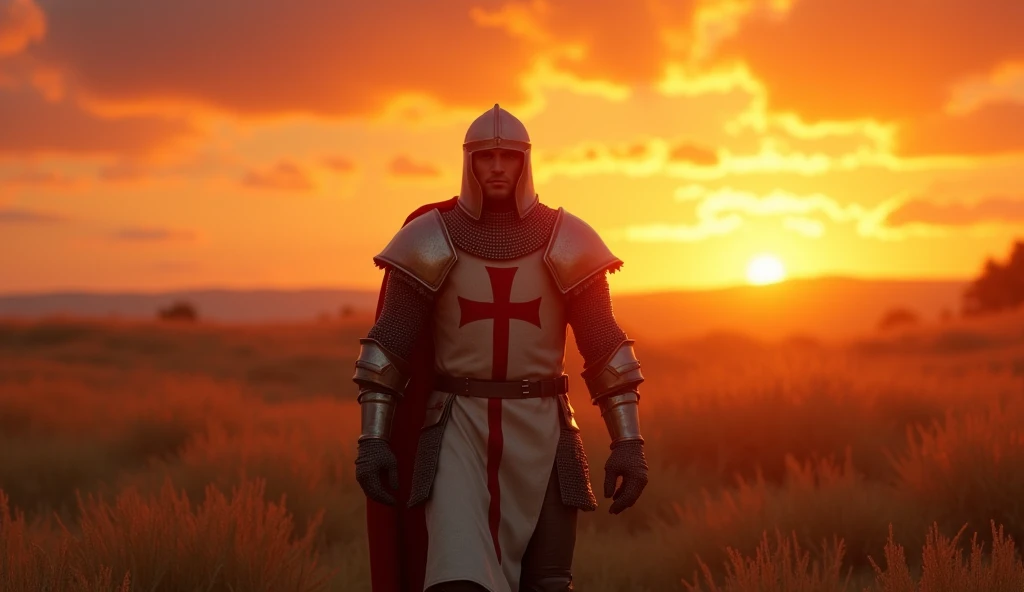 A highly realistic, high-contrast, 8K HD, detailed, hyper-detailed image of the protagonist, dressed as a Crusader knight, walking towards the viewer across a vast grassland illuminated by the warm glow of a fiery sunset. The protagonist is wearing a Crusader's armor with the red cross emblem clearly visible on his tunic and chest plate. The helmet is removed, revealing his determined and strong face. The sky is ablaze with hues of orange and red, casting a dramatic light over the scene. The atmosphere is calm yet powerful, capturing the quiet resolve of the protagonist as he strides forward, his armor reflecting the soft, golden light of the setting sun. The image is of the highest quality, with ultra-high resolution, RAW photo quality, and Unreal Engine rendering, showcasing the protagonist as he moves with purpose across the sunset-lit grassland, with the Crusader cross prominently displayed on his armor.