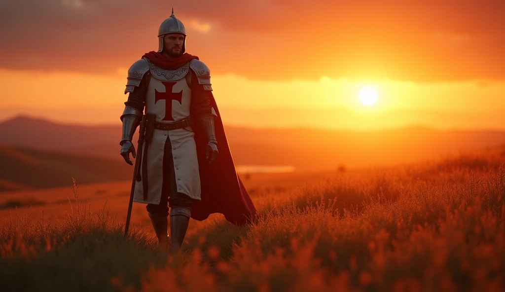 A highly realistic, high-contrast, 8K HD, detailed, hyper-detailed image of the protagonist, dressed as a Crusader knight, walking towards the viewer across a vast grassland illuminated by the warm glow of a fiery sunset. The protagonist is wearing a Crusader's armor with the red cross emblem clearly visible on his tunic and chest plate. The helmet is removed, revealing his determined and strong face. The sky is ablaze with hues of orange and red, casting a dramatic light over the scene. The atmosphere is calm yet powerful, capturing the quiet resolve of the protagonist as he strides forward, his armor reflecting the soft, golden light of the setting sun. The image is of the highest quality, with ultra-high resolution, RAW photo quality, and Unreal Engine rendering, showcasing the protagonist as he moves with purpose across the sunset-lit grassland, with the Crusader cross prominently displayed on his armor.