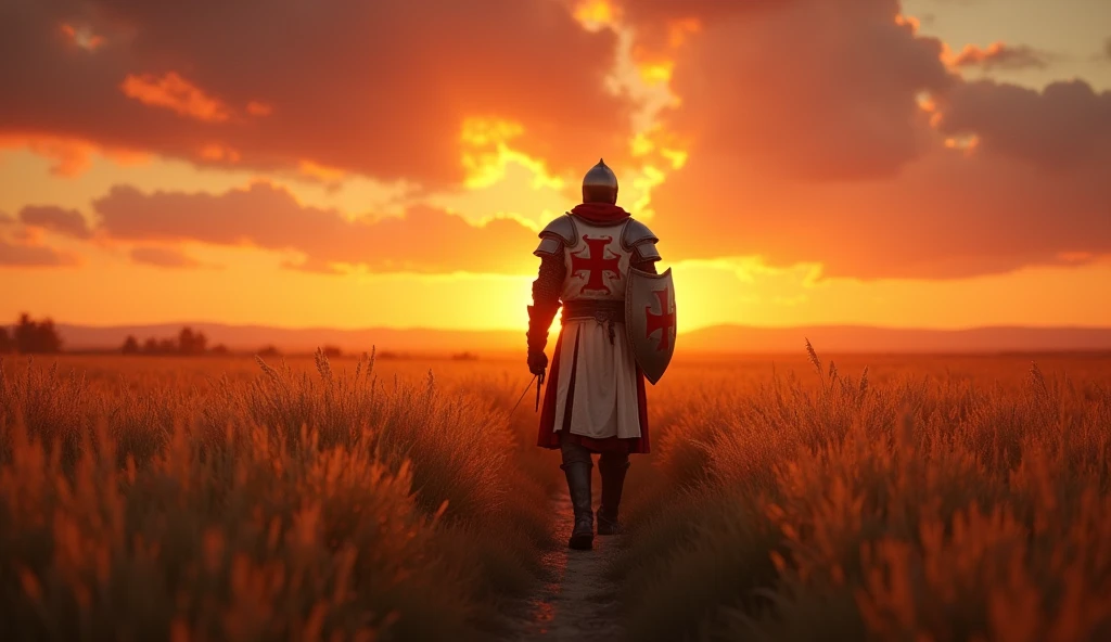 A highly realistic, high-contrast, 8K HD, detailed, hyper-detailed image of the protagonist, dressed as a Crusader knight, walking towards the viewer across a vast grassland illuminated by the warm glow of a fiery sunset. The protagonist is wearing a Crusader's armor with the red cross emblem clearly visible on his tunic and chest plate. The helmet is removed, revealing his determined and strong face. The sky is ablaze with hues of orange and red, casting a dramatic light over the scene. The atmosphere is calm yet powerful, capturing the quiet resolve of the protagonist as he strides forward, his armor reflecting the soft, golden light of the setting sun. The image is of the highest quality, with ultra-high resolution, RAW photo quality, and Unreal Engine rendering, showcasing the protagonist as he moves with purpose across the sunset-lit grassland, with the Crusader cross prominently displayed on his armor.