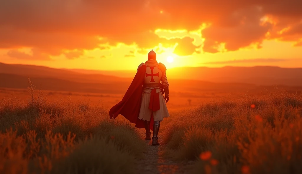 A highly realistic, high-contrast, 8K HD, detailed, hyper-detailed image of the protagonist, dressed as a Crusader knight, walking towards the viewer across a vast grassland illuminated by the warm glow of a fiery sunset. The protagonist is wearing a Crusader's armor with the red cross emblem clearly visible on his tunic and chest plate. The helmet is removed, revealing his determined and strong face. The sky is ablaze with hues of orange and red, casting a dramatic light over the scene. The atmosphere is calm yet powerful, capturing the quiet resolve of the protagonist as he strides forward, his armor reflecting the soft, golden light of the setting sun. The image is of the highest quality, with ultra-high resolution, RAW photo quality, and Unreal Engine rendering, showcasing the protagonist as he moves with purpose across the sunset-lit grassland, with the Crusader cross prominently displayed on his armor.