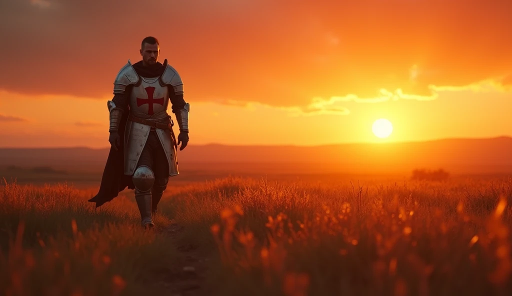 A highly realistic, high-contrast, 8K HD, detailed, hyper-detailed image of the protagonist, dressed as a Crusader knight, walking towards the viewer across a vast grassland illuminated by the warm glow of a fiery sunset. The protagonist is wearing a Crusader's armor with the red cross emblem clearly visible on his tunic and chest plate. The helmet is removed, revealing his determined and strong face. The sky is ablaze with hues of orange and red, casting a dramatic light over the scene. The atmosphere is calm yet powerful, capturing the quiet resolve of the protagonist as he strides forward, his armor reflecting the soft, golden light of the setting sun. The image is of the highest quality, with ultra-high resolution, RAW photo quality, and Unreal Engine rendering, showcasing the protagonist as he moves with purpose across the sunset-lit grassland, with the Crusader cross prominently displayed on his armor.
