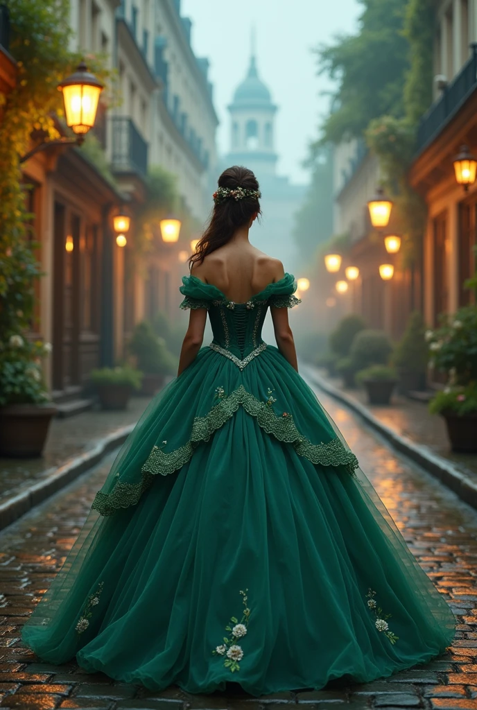 dark Paris green, old-fashioned dress, petticoats, hoop skirt, crinoline, XIX century, Disney princess, front view