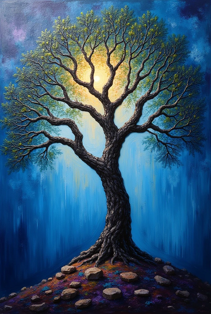 a thick textured oil painting backlit tree, impasto brushstrokes, glossy paint, abstract sky, moody masterpiece, vital color scheme