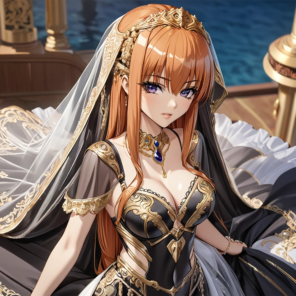 ((Highest quality)), ((masterpiece)), (detailed), (Perfect Face)、The woman is Maya Cordelia, with semi-long orange hair, wearing a luxurious black mermaid-line wedding dress with ornate gold embroidery and trim, and a black wedding veil, also adorned with lavish accessories.