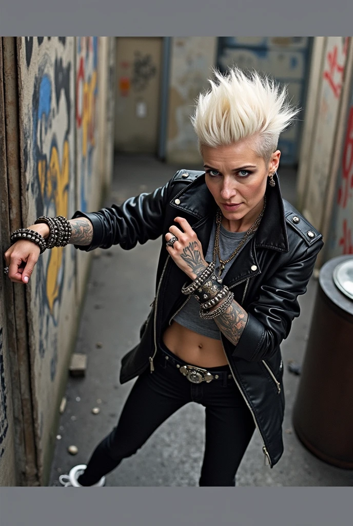 Old russian milf, platinum blonde hair in pompadour style with shaved sides, with very light blue eyes, pale, lots of eye shadows. Wearing black moto jacket, cropped rock t-shirt, black skinny jeans and white tennis sneakers. Bullet belt, lots of rings and studded bracelets , tattoed. Very scared, trying to hide