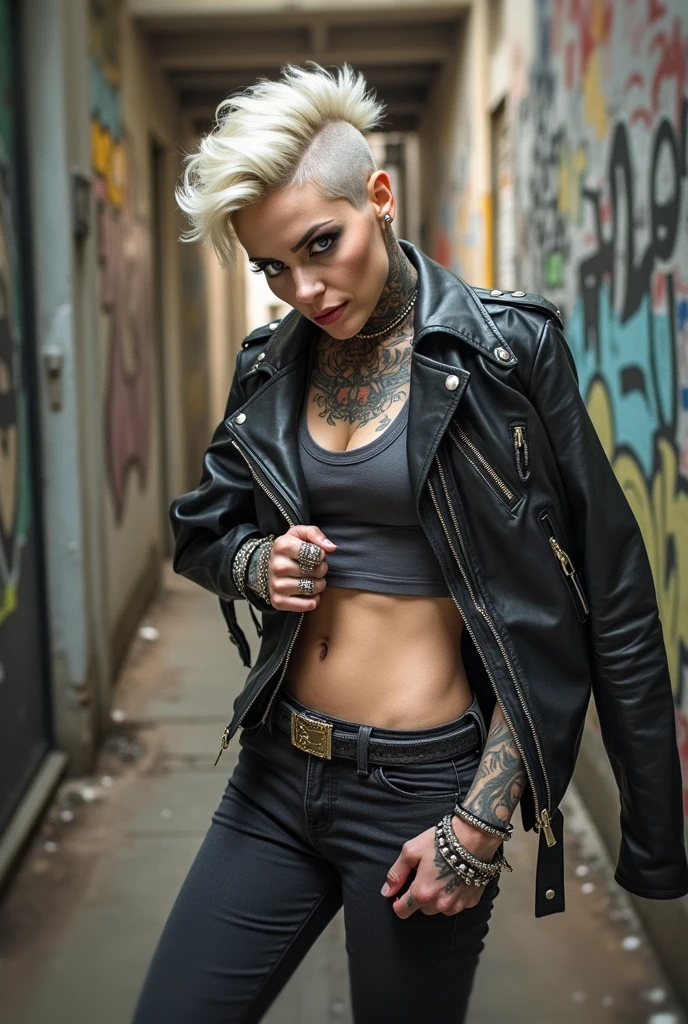 Old russian milf, platinum blonde hair in pompadour style with shaved sides, with very light blue eyes, pale, lots of eye shadows. Wearing black moto jacket, cropped rock t-shirt, black skinny jeans and white tennis sneakers. Bullet belt, lots of rings and studded bracelets , tattoed. Very scared, trying to hide