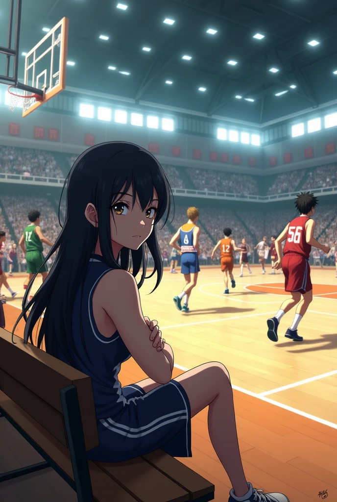 A serious girl with Daiki Aomine from Kuroko's Basketball sitting on the bench while the other players are playing
