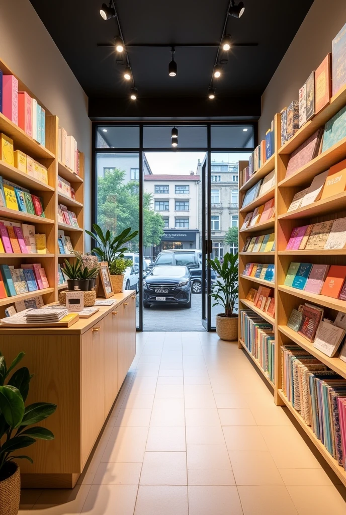A stationery and general merchandise store about 50m2 wide, Add a checkout counter and an entrance for me, I want it to be more space optimized, I want to see the whole room clearly., broader perspective