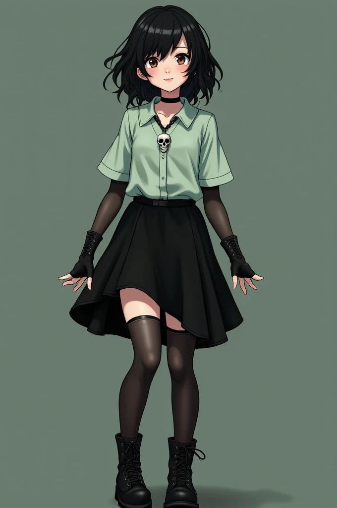 The girl had black hair, short, Wavy; slanted brown eyes; white; stomach 1,75; slightly big breasts; she wore a pastel green shirt, loose hair, black skirt, black but slightly transparent and long stockings, gothic boots, long black fingerless gloves and a skull necklace;  years