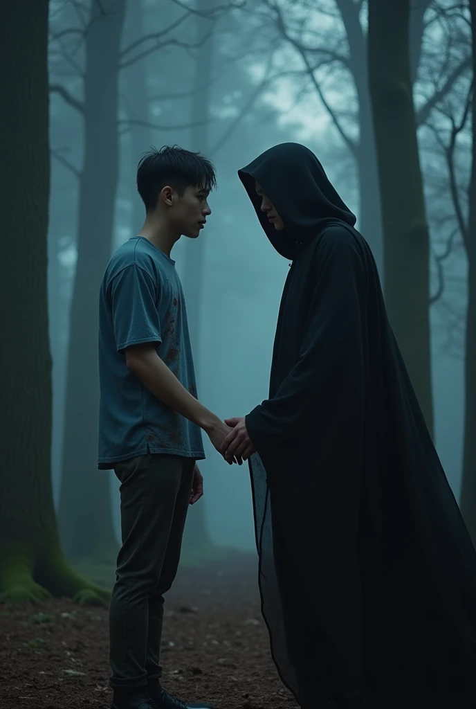Jeon Jungkook and Kim Taehyung are in a forest. They are facing each other. There is a distance between them. Jungkook's eyes are full of tears. Jungkook is wearing a blue t-shirt and it is dirty. Taehyung is wearing black clothes. Taehyung has a black cloak on. Taehyung is covered in blood. Taehyung is reaching out his hand towards Jungkook.