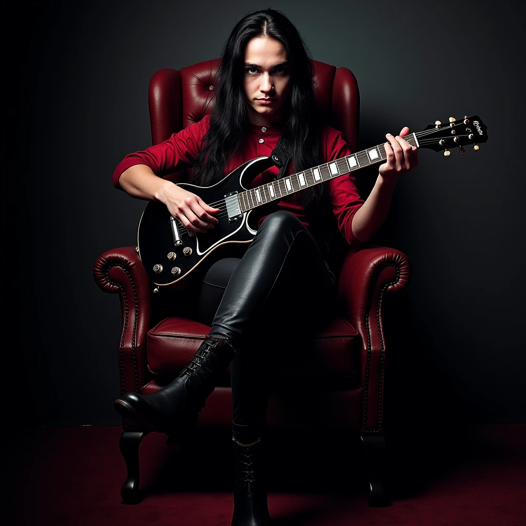A sexy young male, with long black hair, teal blue eyes, long eyelashes, and delicate and pretty, handsome features. Dressed in all gothic clothes. In a metal band, singing and playing electric guitar. (No facial or body hair) seductive, pretty. The overall look is very erotic. His skin is pale and white. (((Gothic style))) (((Halloween))) ((Best quality)), ((masterpiece)), 8k (detailed), ((perfect face)) ((fullbody)), perfect proportions. (((No facial hair))) ((no body hair)) (((young handsome boy))) (((red and black))) He's sexy. Male. Boy. Handsome. Smirking maliciously and looking down at the camera. ((((((((((((((((((((((FULLBODY)))))))))))))))))))))))))) sexy pose. Sexy. Sexy pose. Sitting on a chair and crossing legs in a seductive way. Metal band.