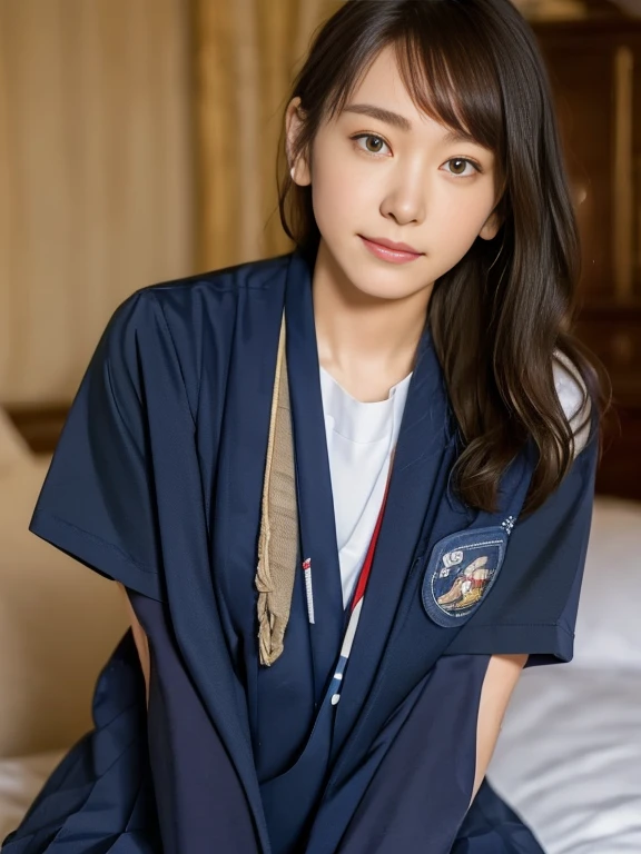 (Masterpiece, Best quality:1.4), (Ultra realistic, Photo-realistic:1.2), Natural light, 25 years old actress, Japanese women, Neat and clean, (school uniform, sailor suit, short sleeve suit, traditional Japanese style with white and navy blue colors, detailed red ribbon and navy blue pleated skirt:1.2), (Ponytail:1.2), Short wavy hair, Light brown hair color, (Beautiful Faces), Oval face, clear, (Beautiful eyes, Kind eyes), (Clear skin), Small face, (Small mouth), (Beautiful mouth), Natural makeup, Approachable, Luxury hotel Suite room, On bed, Seductive smile, (Seductive pose:1.2), (Beautiful thighs:1.1), (Bedroom eyes), (nsfw:1.1), (lesbian couple:1.1), (petting together:1.2), obscene reality of girls, (crotch rub:1.1), open suit,