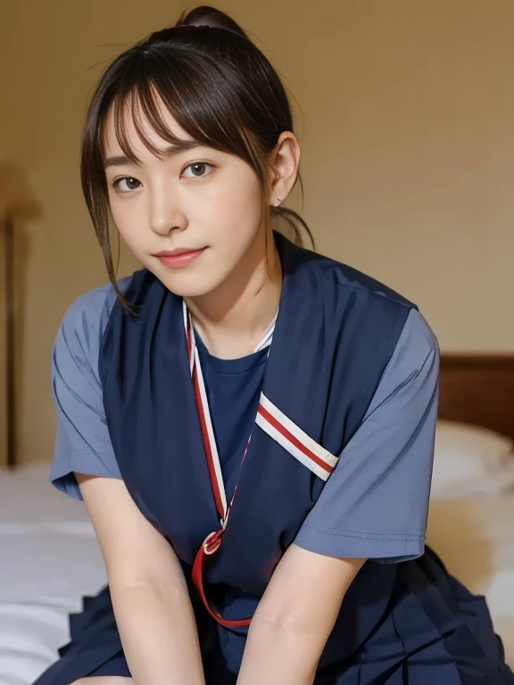 (Masterpiece, Best quality:1.4), (Ultra realistic, Photo-realistic:1.2), Natural light, 25 years old actress, Japanese women, Neat and clean, (school uniform, sailor suit, short sleeve suit, traditional Japanese style with white and navy blue colors, detailed red ribbon and navy blue pleated skirt:1.2), (Ponytail:1.2), Short wavy hair, Light brown hair color, (Beautiful Faces), Oval face, clear, (Beautiful eyes, Kind eyes), (Clear skin), Small face, (Small mouth), (Beautiful mouth), Natural makeup, Approachable, Luxury hotel Suite room, On bed, Seductive smile, (Seductive pose:1.2), (Beautiful thighs:1.1), (Bedroom eyes), (nsfw:1.1), (lesbian couple:1.1), (petting together:1.2), obscene reality of girls, (crotch rub:1.1), open suit,