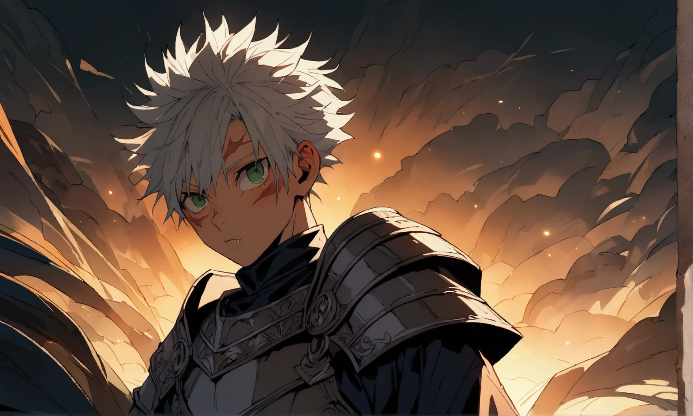 small boy, fairy appearance, white bob hair, dark green eyes, wears medieval armor, fang scar on right eye, pointed nose, round eyes, ((Intricate anime character design inspired by Jujutsu Kaisen)), ((Stunning lighting)), ((Fine lines)), ((Stunning focus)), ((Stunning face)), ((Detailed focus)), ((Detailed background)), ((Ultra-fine 2D design)), ((Creative scenery)), ((2D masterpiece)), ((Best quality), ((8K)), ((Anime style))