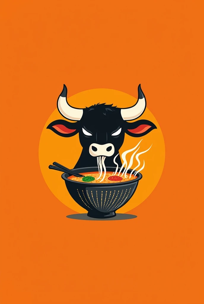 minimalist logo, that has Japanese and Mexican style, floating bull head eating ramen, winking, on an orange background.