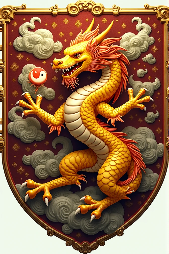 In the center of the coat of arms is a shield with a yellow dragon holding a yin and yang symbol.
