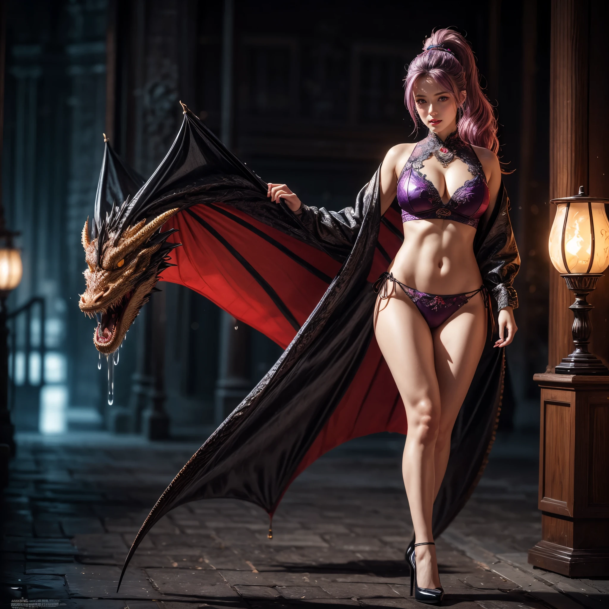 (Full Body of Extremely Detailed Dragon girl) with pink eyes long purple hair in a high ponytail, liquid hair, flowers, (Huge dragon head) in background, 8K TopQuality UltraDetailed Masterpiece of Professional Photo, HDR ultra-fine painting, LifeLike rendering, extreme detail description, professional, Bright colors, bokeh, (Exposed Hourglass Body Shape)