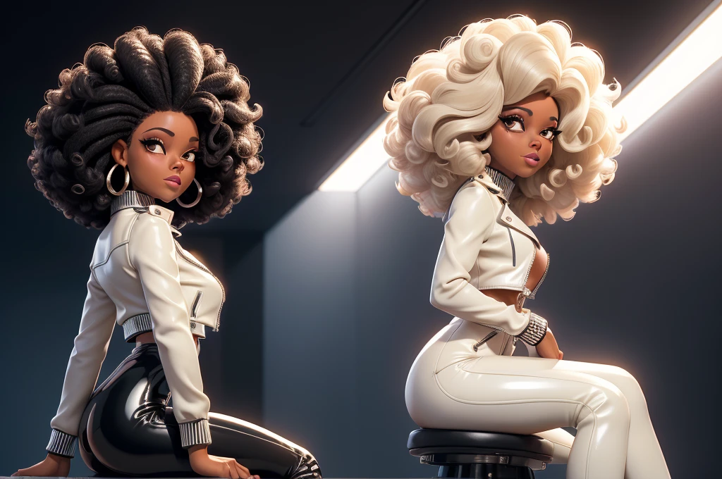 obra prima, melhor qualidade, ((only one woman,)) ((diana ross, dark black skin, afro style hair,)) erect cone tits, ((wearing shiny cream leather biker moto jacket,)) ((jacket has padded shoulders, jacket has stiff high collar,)) (((wearing shiny cream leather pants,))) (((pants unzipped showing pussy,))) body is very skinny, ((sitting back, legs spread,)) ((camera front view of body,)) shallow depth of field, highres, HD, 8k, anatomically correct