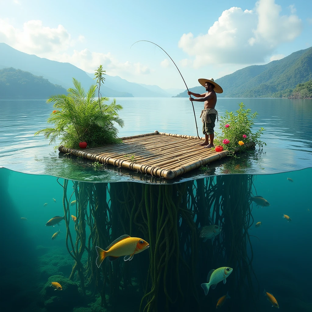 (photorealism:1.2)Une photo d'une plateforme carrée en bambou qui flotte sur le lac Atitlan. La moitié de la photo est sous l'eau et on voit des poissons qui nagent au milieu de racine  Des plantes qui sont sur la plateforme. La plateforme fait 6x6 m et est recouverte de plantes luxuriante. Sur la plateforme un pêcheur maya pêche a la ligne sans cane a pêche 