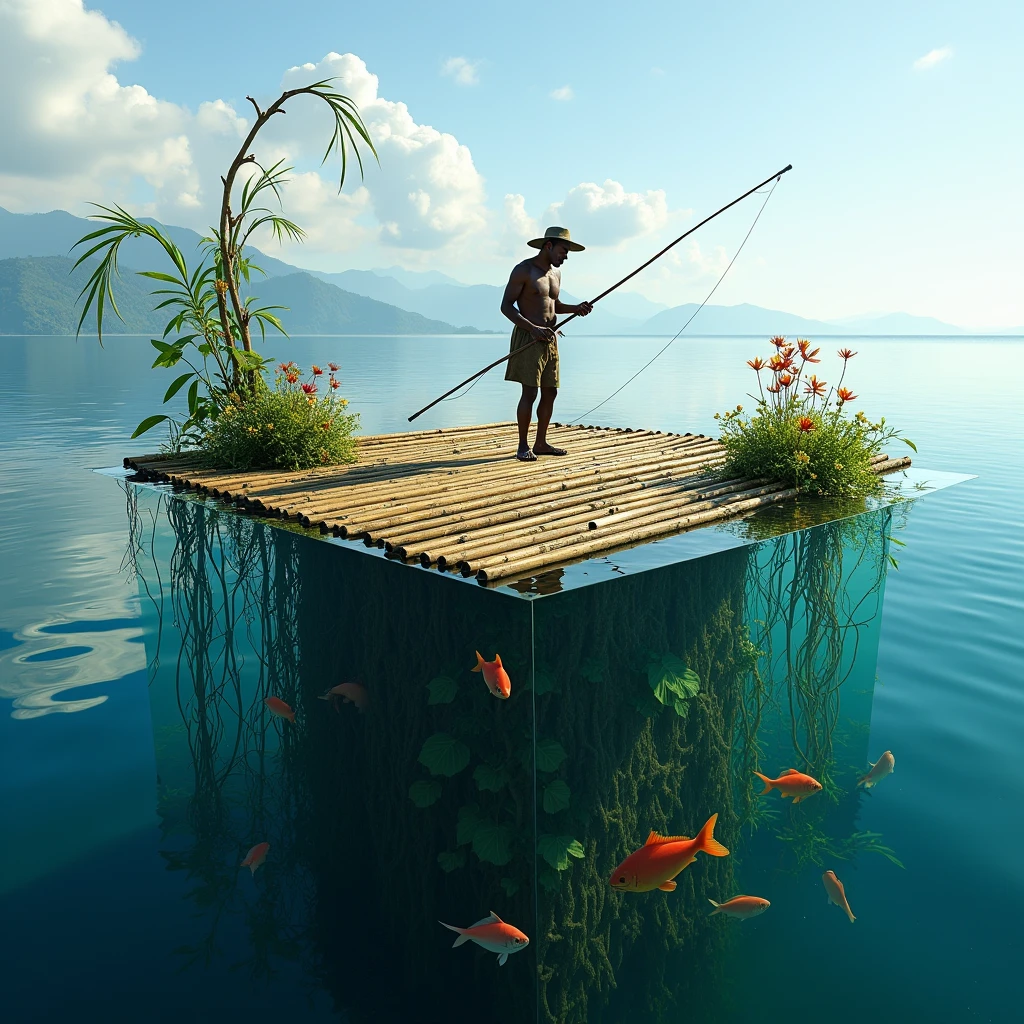 (photorealism:1.2)Une photo d'une plateforme carrée en bambou qui flotte sur le lac Atitlan. La moitié de la photo est sous l'eau et on voit des poissons qui nagent au milieu de racine  Des plantes qui sont sur la plateforme. La plateforme fait 6x6 m et est recouverte de plantes luxuriante. Sur la plateforme un pêcheur maya pêche a la ligne sans cane a pêche 