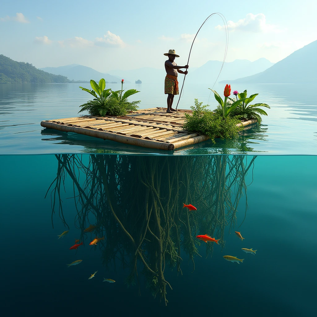 (photorealism:1.2)Une photo d'une plateforme carrée en bambou qui flotte sur le lac Atitlan. La moitié de la photo est sous l'eau et on voit des poissons qui nagent au milieu de racine  Des plantes qui sont sur la plateforme. La plateforme fait 6x6 m et est recouverte de plantes luxuriante. Sur la plateforme un pêcheur maya pêche a la ligne sans cane a pêche 