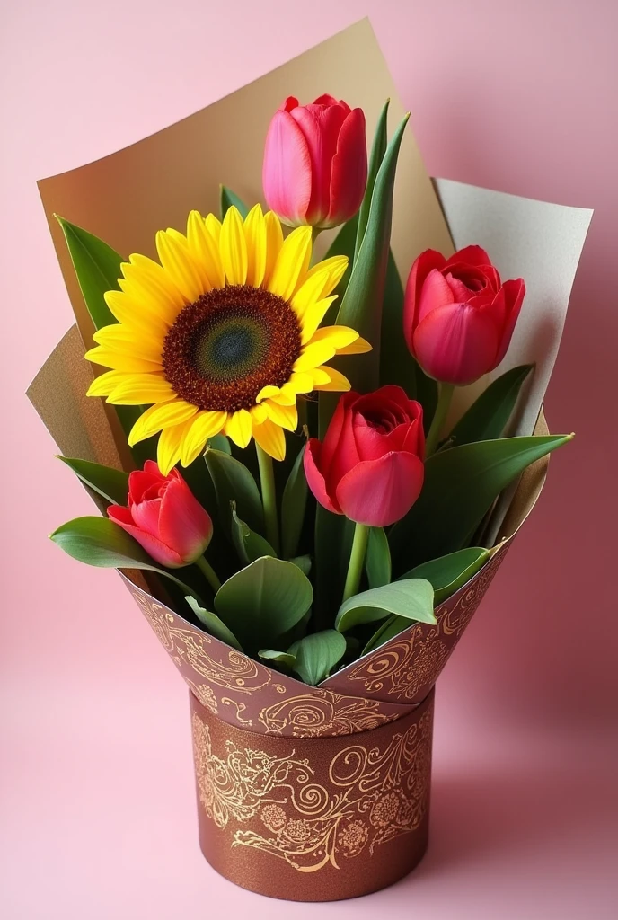 A Bouquet wrapping with only one sunflower only one rose, only one tulip. Just one each flower. Make the wrapping more beautiful. Make the tulip taller. Do not include fillers. Arrange flower neatly. Make the wrapper a bit bulky. Do not include the filler. MAke the wrapper more bigger. Do not include leaves