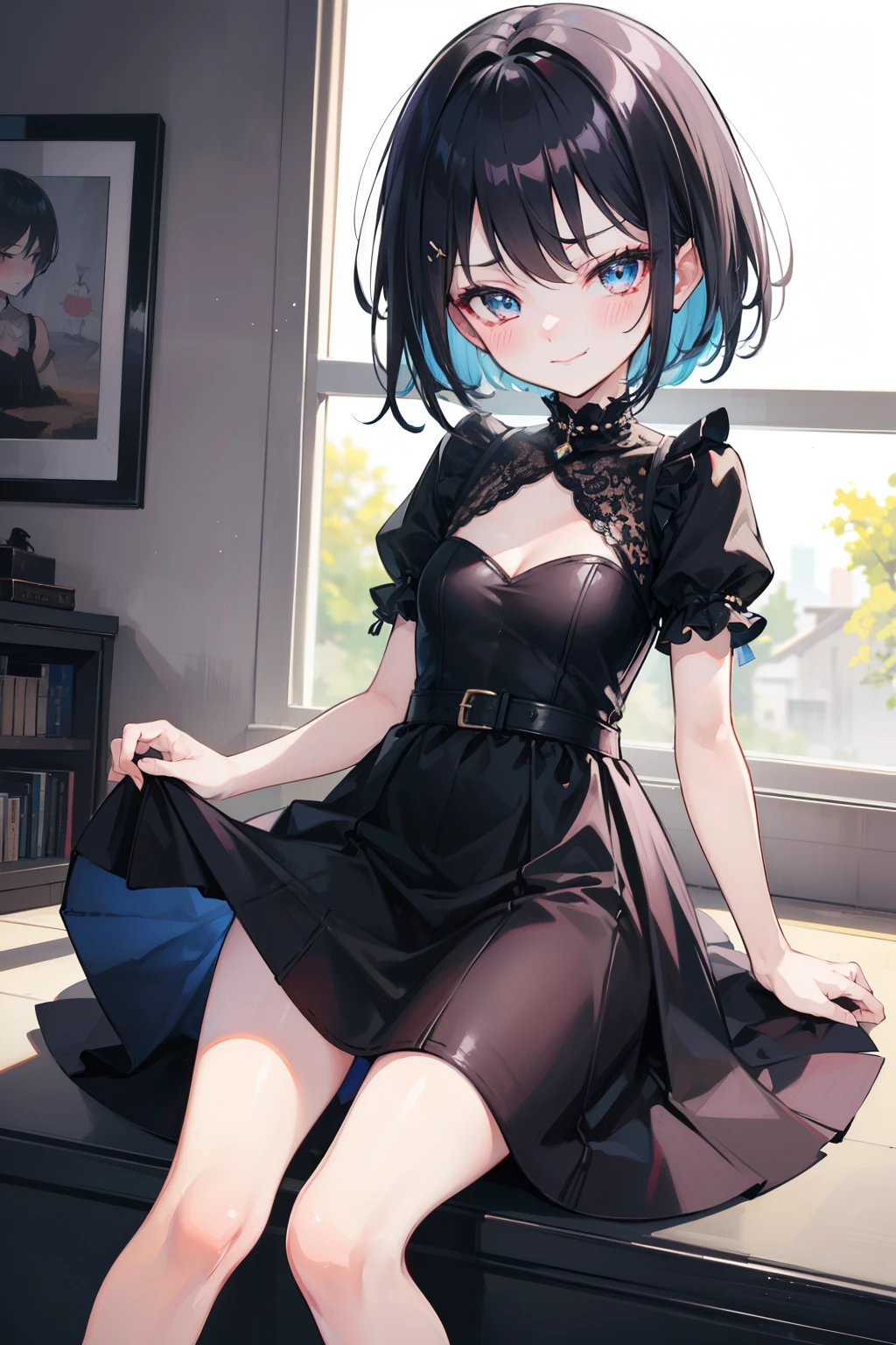 (perfection:1.1), (flawless:1.1), (best quality:1.2), (highest quality:1.2), urban street, 1girl, solo, (:1.2), (child:1.1), cute dress, dark dress, (sexy smirk:1.1), (blushing:1.1), colorful hair, short hair, small breasts, highest quality eyes, highly detailed, 8k, best quality resolution, best quality upscale, most beautiful upscale