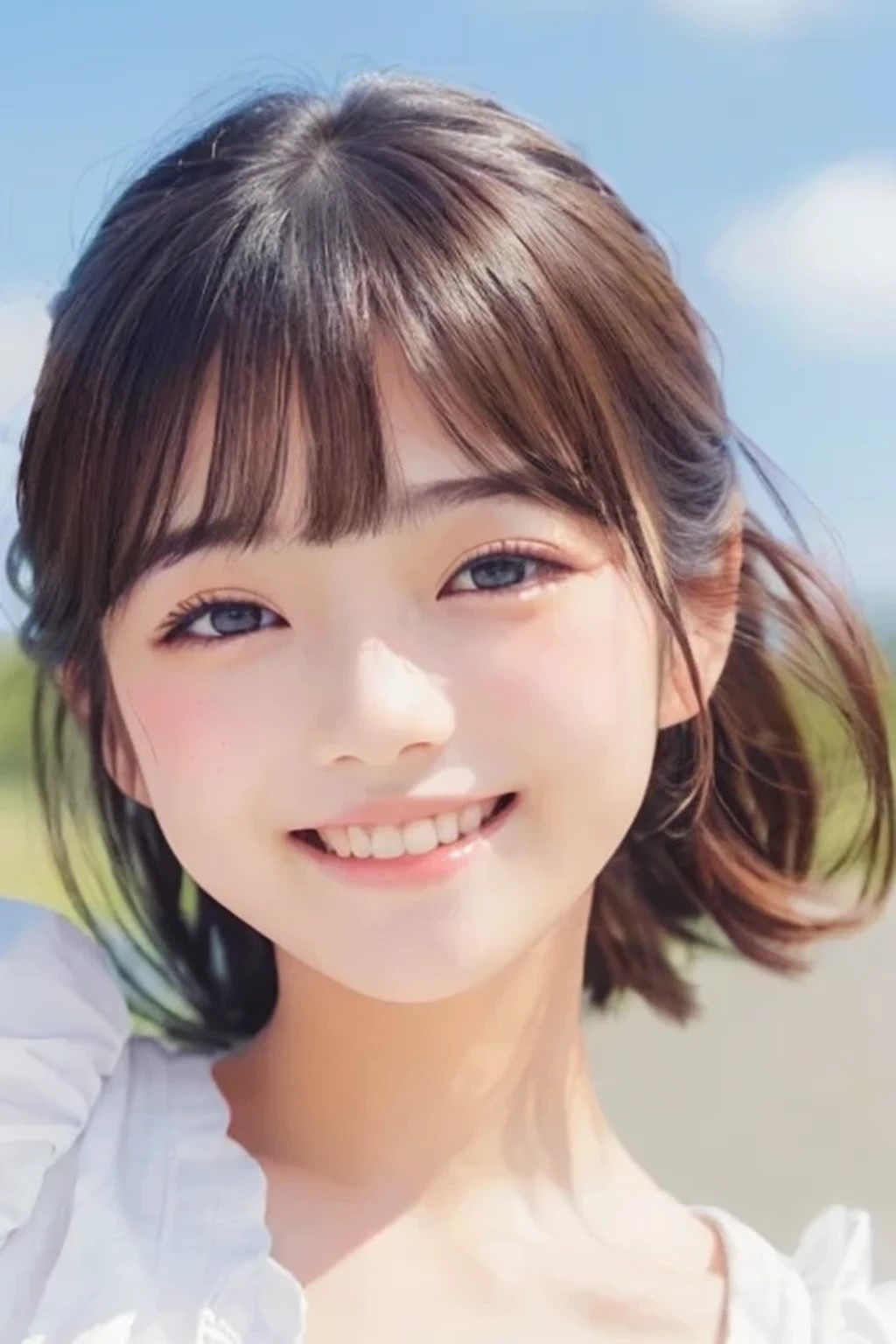Highest quality、Ultra-high resolution、((beautiful girl、Japanese、Perfect Face))、Medium Hair、bangs、(detailed、Patchy eyes、Natural Makeup)、((Realistic textured skin、detailedな肌))、Realistic photo of the upper body、Neat white clothes、Smiling innocently with their mouth open、Bright and cute