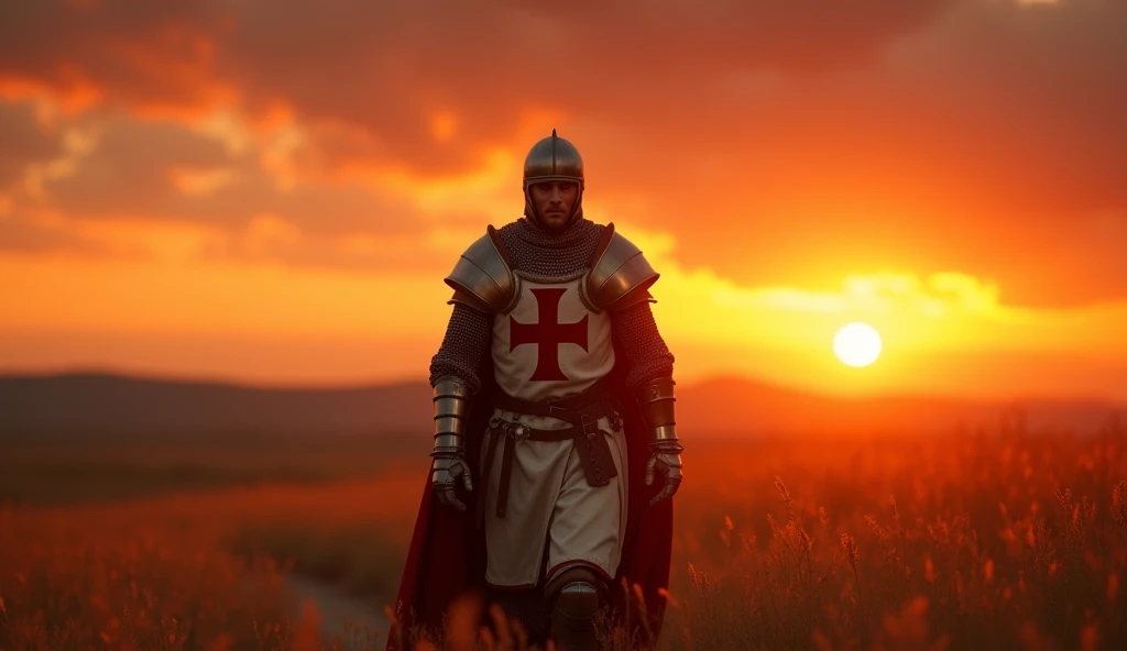 A highly realistic, high-contrast, 8K HD, detailed, hyper-detailed image of the protagonist, dressed as a Crusader knight, walking towards the viewer across a vast grassland illuminated by the warm glow of a fiery sunset. The protagonist is wearing a Crusader's armor with the red cross emblem clearly visible on his tunic and chest plate. The helmet is removed, revealing his determined and strong face. The sky is ablaze with hues of orange and red, casting a dramatic light over the scene. The atmosphere is calm yet powerful, capturing the quiet resolve of the protagonist as he strides forward, his armor reflecting the soft, golden light of the setting sun. The image is of the highest quality, with ultra-high resolution, RAW photo quality, and Unreal Engine rendering, showcasing the protagonist as he moves with purpose across the sunset-lit grassland, with the Crusader cross prominently displayed on his armor.
